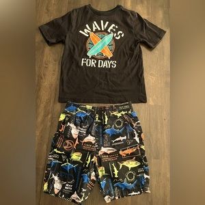 Boys 2 piece surfer waves tee shirt and shirt set.
